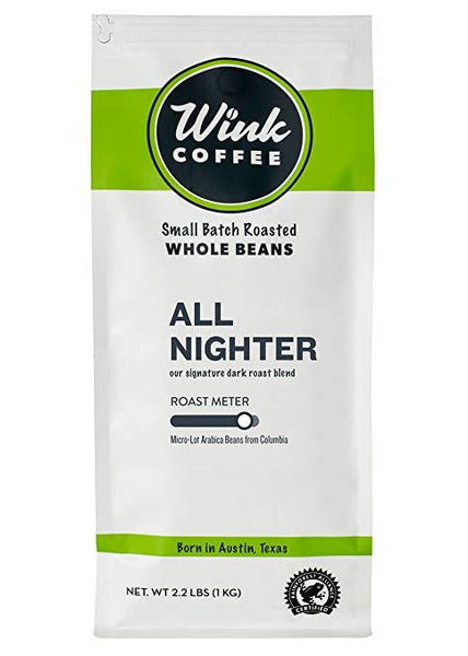 Wink Coffee All Nighter Dark Roast, Large 2.2 Pound Bag, 100% Arabica Colombian Whole Bean Coffee, Rich, Smooth, Full Bodied and Complex, Sustainable